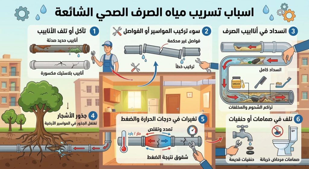 # الدليل الشامل: أخطر اسباب تسريب مياه الصرف الصحي وكيفية حماية عقارك من الدمار 🚨🏚️ 1